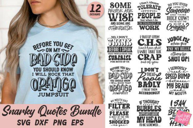 May include: Light blue t-shirt with the text "BEFORE YOU GET ON MY BAD SIDE YOU SHOULD KNOW I WILL ROCK THAT ORANGE JUMPSUIT." The image also includes a bundle of 12 snarky quote designs.