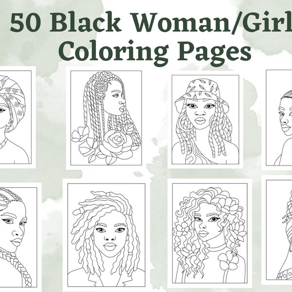 50 Black Woman and Black Girl Coloring Pages, Printable Coloring Pages, Beautiful Black Girls, Digital Download