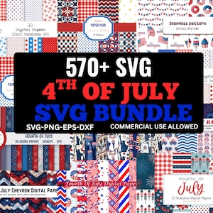 Puede incluir: Un conjunto de papeles digitales y patrones en rojo, blanco y azul, perfecto para proyectos del 4 de julio. La imagen incluye varios diseños, como estrellas, rayas y fuegos artificiales, con el texto "570+ SVG 4th of July SVG Bundle".