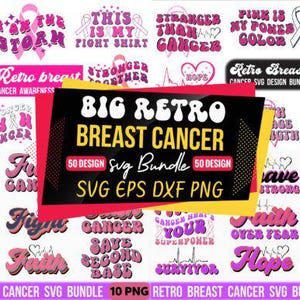 May include: An image showcasing a collection of breast cancer awareness designs in a retro style. The designs, in pink and white, include ribbons, hearts, and phrases such as "Fight Cancer" and "Survivor". A central banner reads "Big Retro Breast Cancer SVG Bundle".