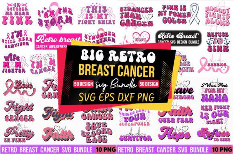 May include: An image showcasing a collection of breast cancer awareness designs in a retro style. The designs, in pink and white, include ribbons, hearts, and phrases such as "Fight Cancer" and "Survivor". A central banner reads "Big Retro Breast Cancer SVG Bundle".