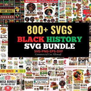 May include: A digital SVG bundle with over 800 designs, featuring Black History themes. The image includes various graphics, text, and illustrations related to Black culture and history, ideal for crafting projects. The text on the image reads "800+ SVGS BLACK HISTORY SVG BUNDLE".