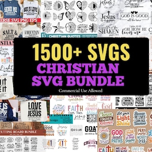 Puede incluir: Un paquete gráfico digital con más de 1500 diseños SVG de temática cristiana. La imagen muestra varios diseños con citas, frases e ilustraciones religiosas, incluido el texto "1500+ SVGs CHRISTIAN SVG BUNDLE".