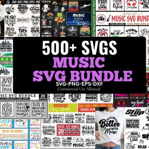 May include: A collection of music-themed SVG designs, including text graphics and illustrations. The bundle features over 500 designs, with file formats like SVG, PNG, EPS, and DXF. The designs are suitable for commercial use.