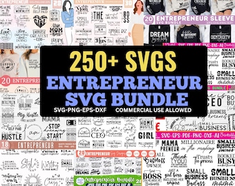 Könnte beinhalten: Ein Bundle mit über 250 SVG-Dateien zum Thema Unternehmertum, für kommerzielle Nutzung. Das Bild zeigt Textgrafiken mit Slogans wie "Hustle" und "Dream Big". Es enthält verschiedene Grafiken zum Thema Kleinunternehmen.