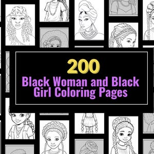 黒人女性と黒人少女のぬり絵200枚、印刷可能なぬり絵、美しい黒人少女、デジタルダウンロード