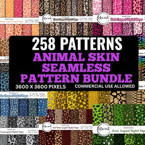 May include: A collection of digital papers featuring various animal skin patterns in shades of pink, orange, brown, blue, green, and grey. The image includes the text "258 PATTERNS ANIMAL SKIN SEAMLESS PATTERN BUNDLE" and "COMMERCIAL USE ALLOWED".