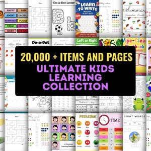 Könnte beinhalten: Eine Sammlung von Arbeitsblättern und Aktivitätsbüchern für Kinder. Das Bild zeigt verschiedene Seiten mit farbenfrohen Illustrationen, darunter Labyrinthe, Punkt-zu-Punkt-Aktivitäten und Leseübungen. Der Text auf dem Bild lautet "20.000 + ARTIKEL UND SEITEN ULTIMATIVE KINDER LERNEN SAMMLUNG."