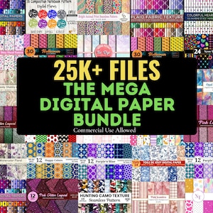 Könnte beinhalten: Ein digitales Papierbündel mit verschiedenen Mustern und Texturen, darunter Blumen-, Leoparden- und geometrische Designs. Das Bild zeigt einen schwarzen Hintergrund mit dem Text "25K+ FILES THE MEGA DIGITAL PAPER BUNDLE Commercial Use Allowed."