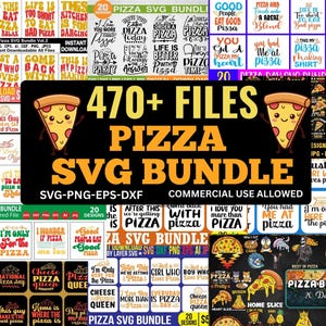 Può includere: Un pacchetto di file SVG a tema pizza, con vari design e testi come "Pizza Day" e "I love pizza". Il pacchetto presenta una grafica centrale con una fetta di pizza e il testo "470+ FILES PIZZA SVG BUNDLE."
