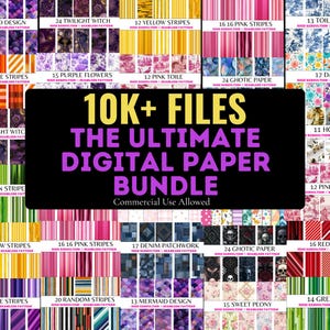 Könnte beinhalten: Eine digitale Sammlung von über 10.000 nahtlosen Musterdateien mit verschiedenen Designs wie Streifen, Blumenmustern, Honigbienen, Denim-Patchwork und Gothic-Motiven mit dem Text 10K+ FILES THE ULTIMATE DIGITAL PAPER BUNDLE.