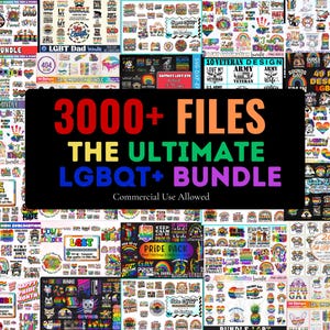 Puede incluir: Un conjunto de archivos digitales con diseños temáticos LGBTQ+. La imagen muestra una variedad de gráficos, incluyendo banderas arcoíris y corazones. El texto central dice "3000+ FILES THE ULTIMATE LGBTQ+ BUNDLE". Uso comercial permitido.