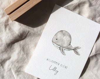 Carte de naissance pour un bébé baleine | Carte peluche baleine | Carte aquarelle « Bonjour bébé » | Pour les parents | Fille | Garçon | Personnalisée