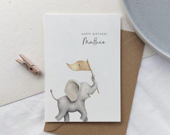 Carte d'anniversaire personnalisée pour enfants | Carte d'anniversaire avec nom et âge | Éléphant aquarelle Joyeux anniversaire | Anniversaire d'enfant