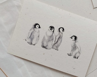Carte pingouin sur papier paille | Carte de Noël aquarelle | Carte pingouin | Courrier de Noël | Carte postale d'hiver | Carte pliée | Carte de vœux écoresponsable