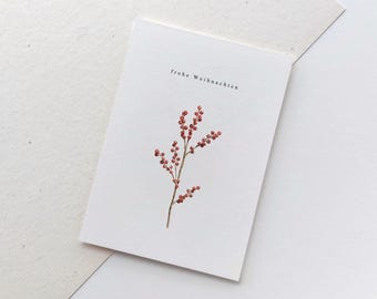 Christmas card with holly branch | Merry Christmas card | Folded card | Postcard for Christmas greetings with red berries