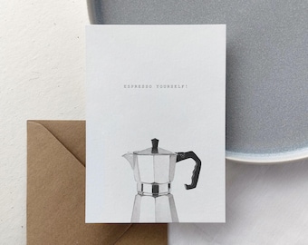 Carte avec cafetière expresso « Offrez-vous un expresso ! » | Carte de vœux pour les amateurs de café | Carte pliée avec motif aquarelle | Carte café