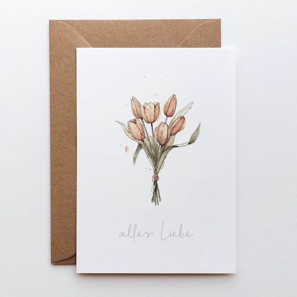 Karte Blumenstrauß "Alles Liebe" / Geburtstagskarte Tulpen / Glückwunschkarte Geburtstag  / Klappkarte Muttertag / Osterkarte