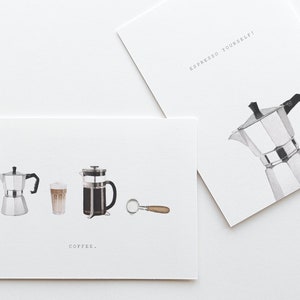2er Set Postkarten mit Kaffeemotiven | Karte für Kaffeeliebhaber | Karte Aquarellmotiv Espresso, French press, Latte Macchiato, Siebträger