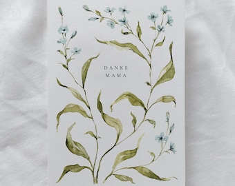Carte pour la fête des mères | Carte de remerciement maman | Carte de vœux aquarelle fleurs bleues | Carte postale | Carte de vœux florale | Élégante | Printemps