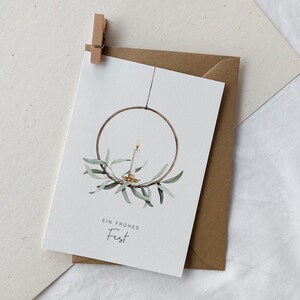 Karte zu Weihnachten mit Kerze | Weihnachtskarte Aquarell frohes Fest | Weihnachtsgrüße Kranz | Weihnachtspost Blätter schlicht