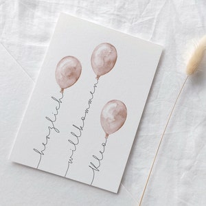 Customizable birth card / watercolor baby card with name / baby greeting card with balloons / folding card “welcome”