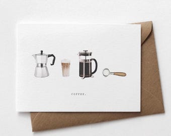 Carte sur le thème du café | Carte aquarelle « Café » avec motifs de café | Amateur de café | Carte de vœux café | Espresso | Latte Macchiato | Cafetière à piston