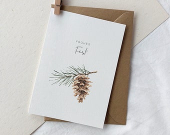 Christmas card with pine cones / Christmas card watercolor happy holidays / Christmas greetings / Christmas post simple