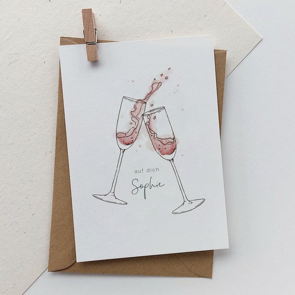 Geburtstagskarte Sekt personalisierbar / Karte Geburtstag cheers / Grußkarte Aquarell Sektgläser / Neujahr / Silvester / Glückwunsch