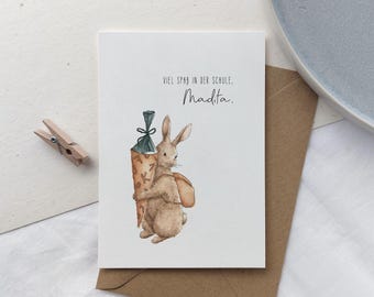 Personalized back-to-school card | Back-to-school card with rabbit | Rabbit with school cone | Fold-out card for starting school | 1st grade | First day of school