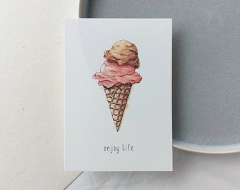 Karte Eis / Postkarte / Klappkartemit Aqurellmotiv Eiscreme aus nachhaltigem Papier/ Waffeleis /Schriftzug "enjoy Life"  / Sommerliebe