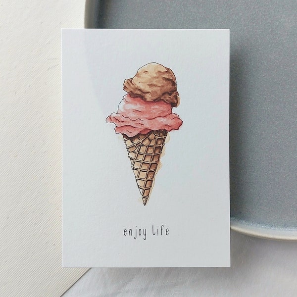 Karte Eis / Postkarte / Klappkartemit Aqurellmotiv Eiscreme aus nachhaltigem Papier/ Waffeleis /Schriftzug "enjoy Life"  / Sommerliebe