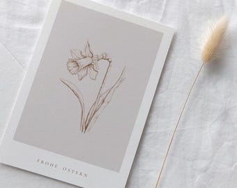 Carte de Pâques avec jonquilles | Carte de Pâques minimaliste | Carte de vœux printanière avec dessin | Simple | Joyeuses Pâques | Botanique | Fleur de printemps