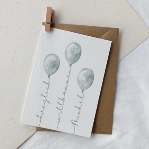 Karte zur Geburt personalisiert | Babykarte Aquarell mit Namen | Klappkarte Baby mit Luftballons | Grußkarte "herzlich willkommen"