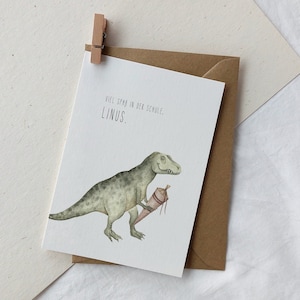 Karte zur Einschulung Dino personalisiert | Einschulungskarte Dinosaurier mit Schultüte | Klappkarte Schulstart | 1. Klasse | Schulanfang