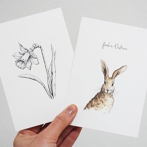 Set Osterkarten / Karten zu Ostern / Grußkarte mit Hase / Ostergrüße / Osterpost / Frühjahr / Narzisse / Zeichnung / schlicht