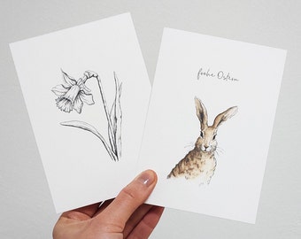 2er Set Osterkarten / Karten zu Ostern / Grußkarte mit Hase / Narzisse / Zeichnung / schlicht