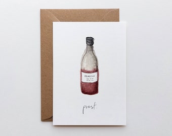 Grußkarte mit Weinflasche "prost" / Geburtstagskarte Rotwein / Primitivo / Klappkarte Gratulation Aquarell-Motiv