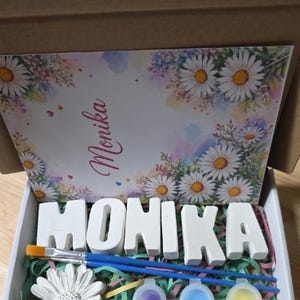 May include: A craft kit in a box, featuring the name "Monika" in white block letters. Includes a paintbrush, paint pots, and a decorative daisy. A card with the name "Monika" and daisy flowers is also included.