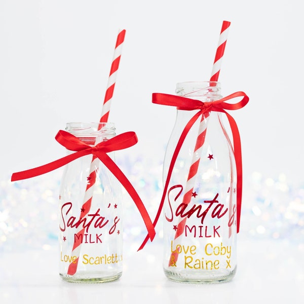 Personalised Santa Christmas Eve Milk Bottle with Names. Xmas Eve Box Crate Stocking Fillers, Treat Tray Plate Board, Tradition, Décor, Gift