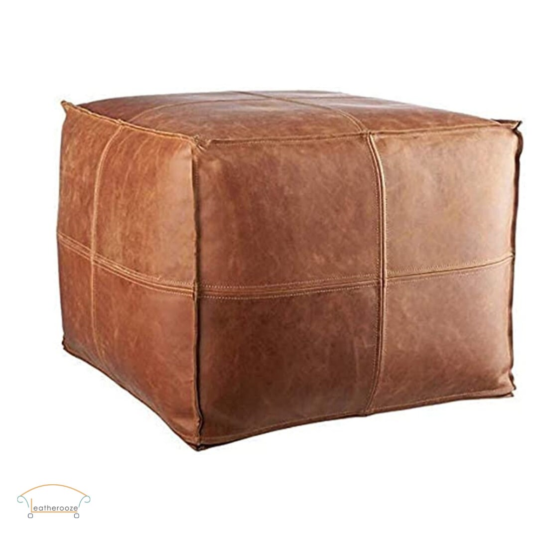 Leather Square Pouf Ottoman Cover Poof Ottomans Genuine Etsy