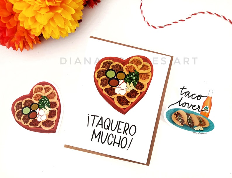 May include: A set of three taco-themed stickers. The first sticker is a heart-shaped tray filled with tacos, the second sticker says "&iexcl;Taquero Mucho!" and the third sticker says "taco lover" with a plate of tacos and a bottle of soda.