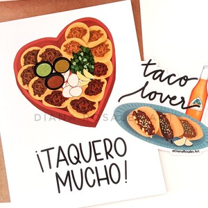Taquero Mucho Greeting Card | Tacos Heart Shaped Box | Gift for her, for him, for them | Valentines Day Card | I love you Spanish Card Card+ Taco Lover Stk