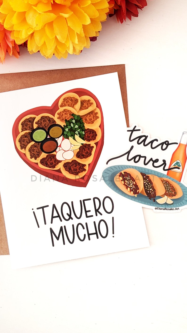 Taquero Mucho Greeting Card | Tacos Heart Shaped Box | Gift for her, for him, for them | Valentines Day Card | I love you Spanish Card Card+ Taco Lover Stk