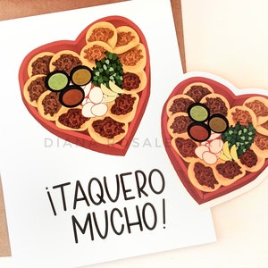 Taquero Mucho Greeting Card | Tacos Heart Shaped Box | Gift for her, for him, for them | Valentines Day Card | I love you Spanish Card Card + Sticker 1
