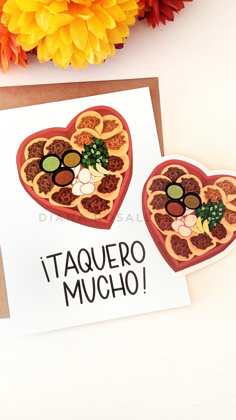 Taquero Mucho Greeting Card | Tacos Heart Shaped Box | Gift for her, for him, for them | Valentines Day Card | I love you Spanish Card Card + Sticker 1