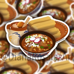 May include: A sticker featuring a colorful illustration of a Mexican food spread. The image includes a bowl of pozole, tamales, and a clay pot. The text "@DianaRosalesArt" is visible. The sticker has a white border.