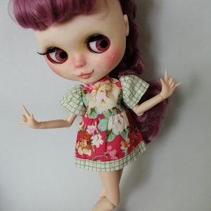 May include: A doll with pink hair wearing a red and green floral dress and white sneakers.