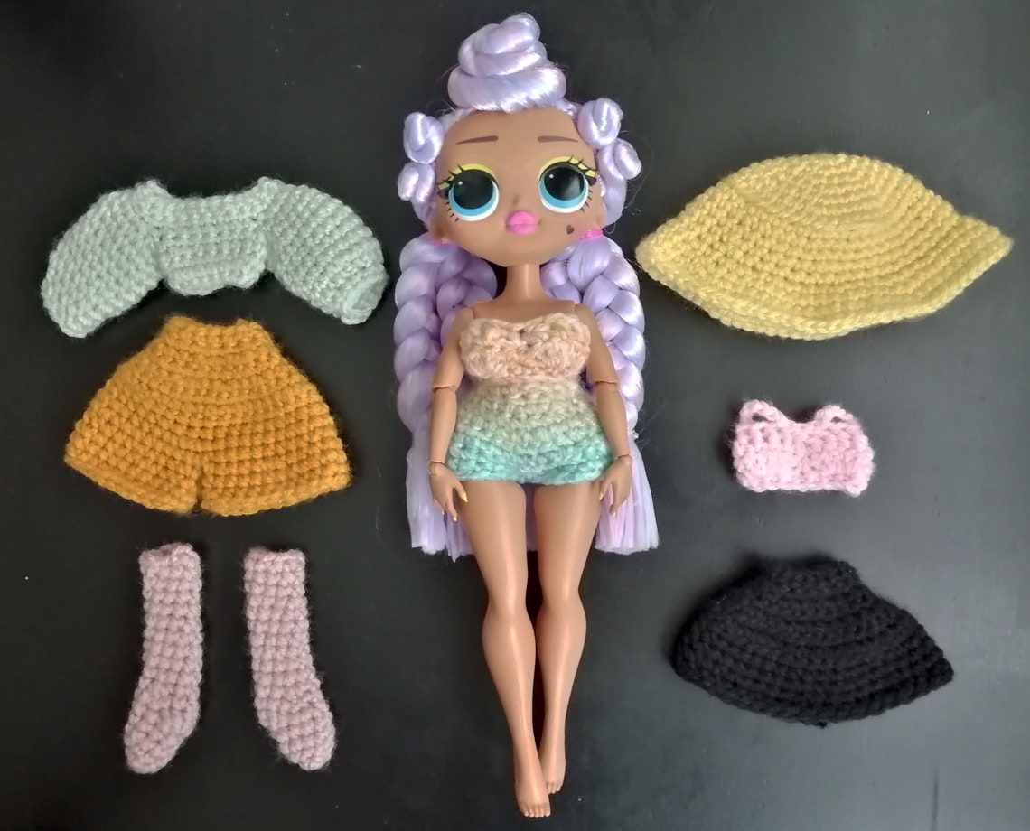 Crochet patterns lol omg sized clothes collections. UK and US Etsy