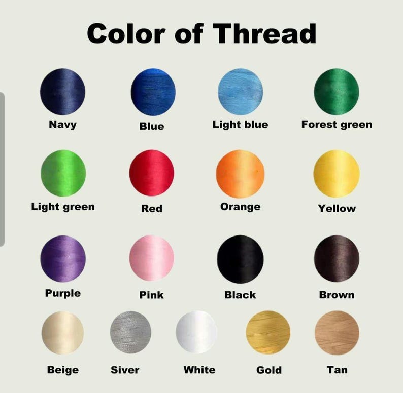 May include: Image showing a color chart of thread options. The text "Color of Thread" is at the top. Thread colors include navy, blue, light blue, forest green, light green, red, orange, yellow, purple, pink, black, brown, beige, silver, white, gold, and tan.